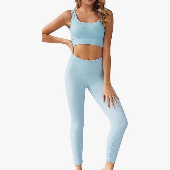 🔥5 for $25 | Olchee 2 Piece High-Waisted Activewear Set - Light Blue Small - Picture 1 of 5